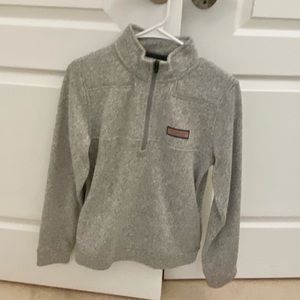 Vineyard, vines, gray fleece quarter zip.
